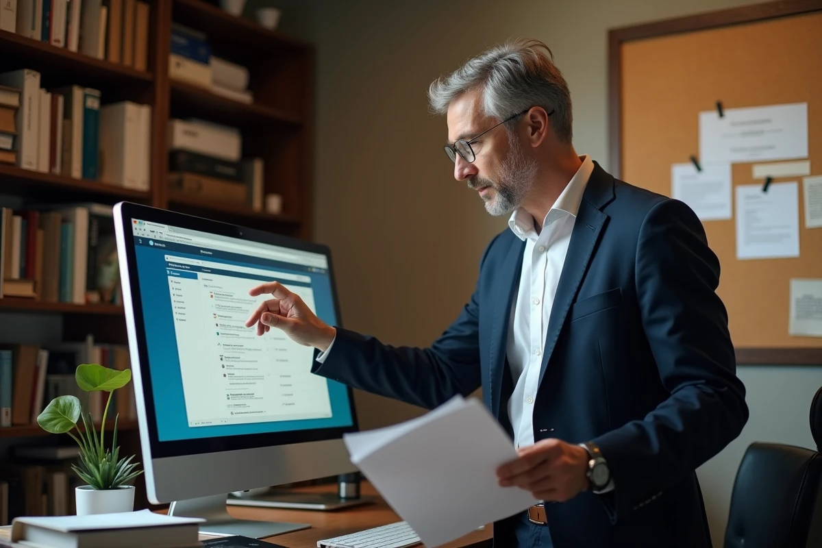 Professeur universitaire organisant ses dossiers de messagerie académique sur un ordinateur de bureau dans son bureau