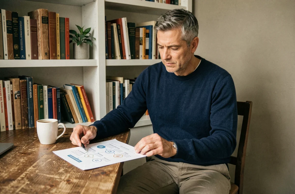 Professionnel non technique lisant un guide simplifié sur un concept technologique dans un bureau à domicile