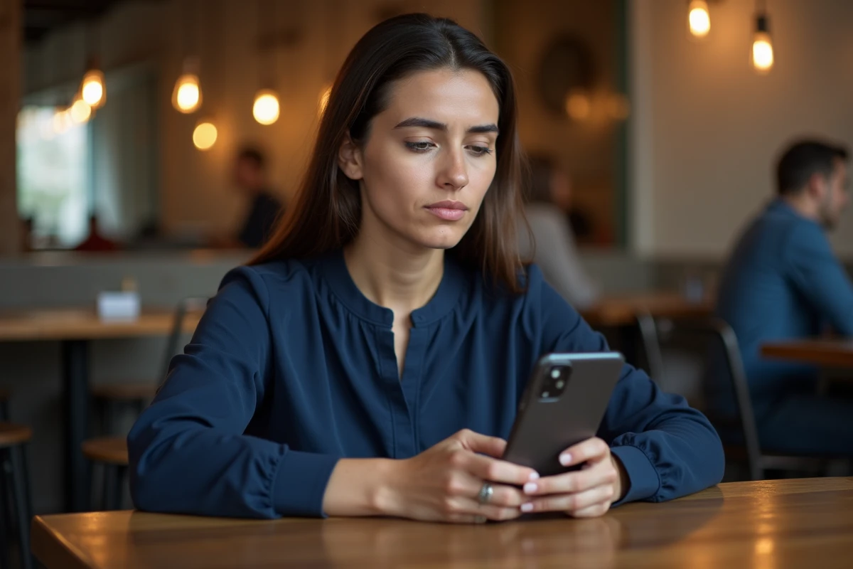 Femme dans un café moderne de Casablanca testant la qualité d'appel et la couverture réseau de son eSIM Maroc Telecom