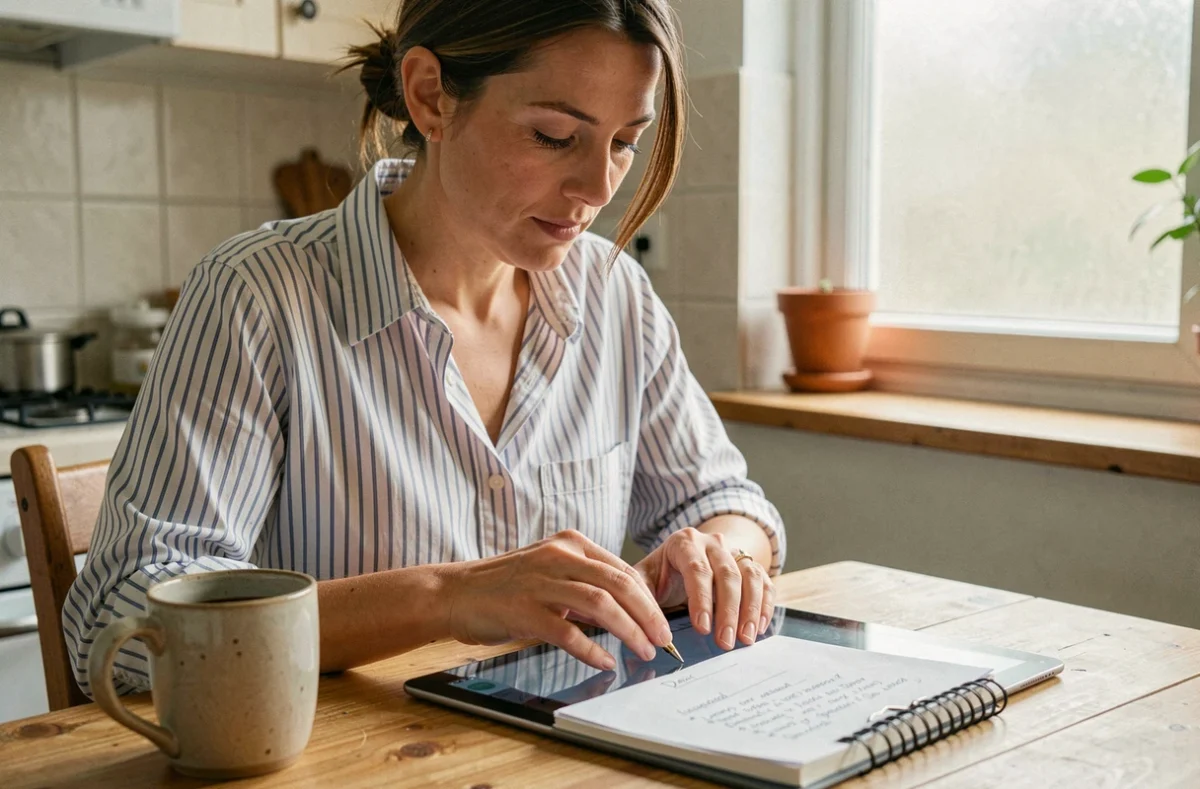 Femme essayant de récupérer l'accès à son webmail Alice ADSL depuis une tablette dans une cuisine avec ses identifiants notés sur un carnet