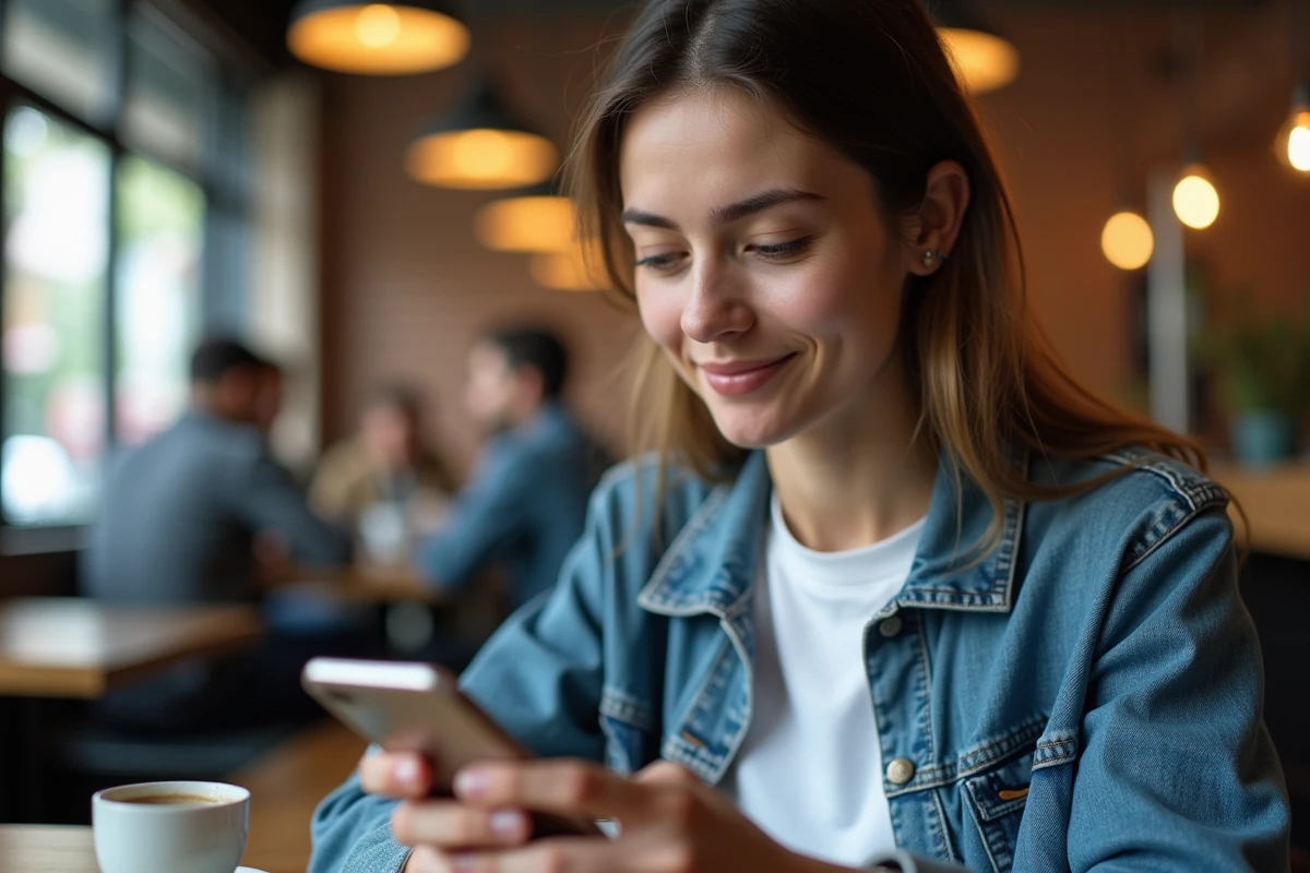 Femme configurant les réglages VPN de son mobile pour accéder à Google USA dans un café en ville
