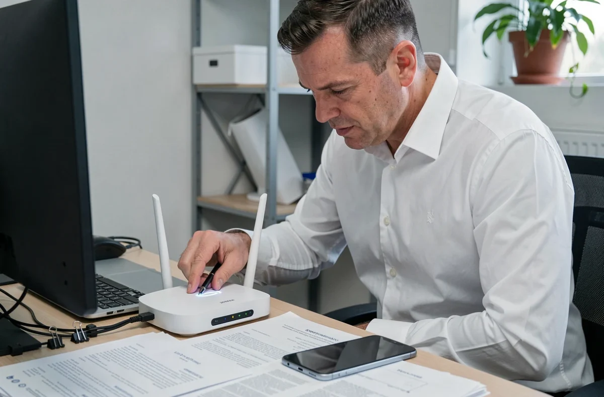 Homme réinitialisant un routeur Wi-Fi à domicile avec un stylo tout en consultant un smartphone Android posé sur le bureau