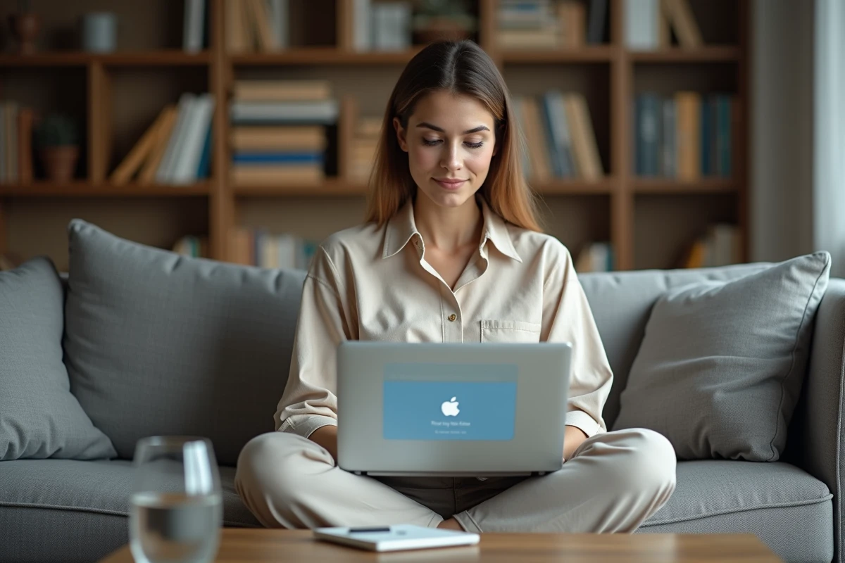 Jeune femme restaurant des fichiers Windows depuis une sauvegarde sur son ordinateur portable dans un salon