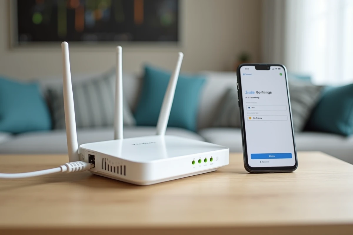 Routeur box internet avec câble Ethernet et smartphone affichant la page de configuration de l'adresse IP du réseau