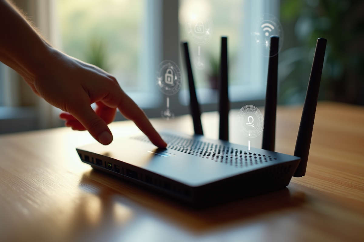 Routeur WiFi avec bouton de reset et icônes de sécurité
