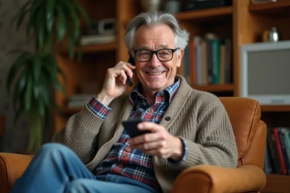 Homme senior souriant utilisant un téléphone portable dans un salon chaleureux