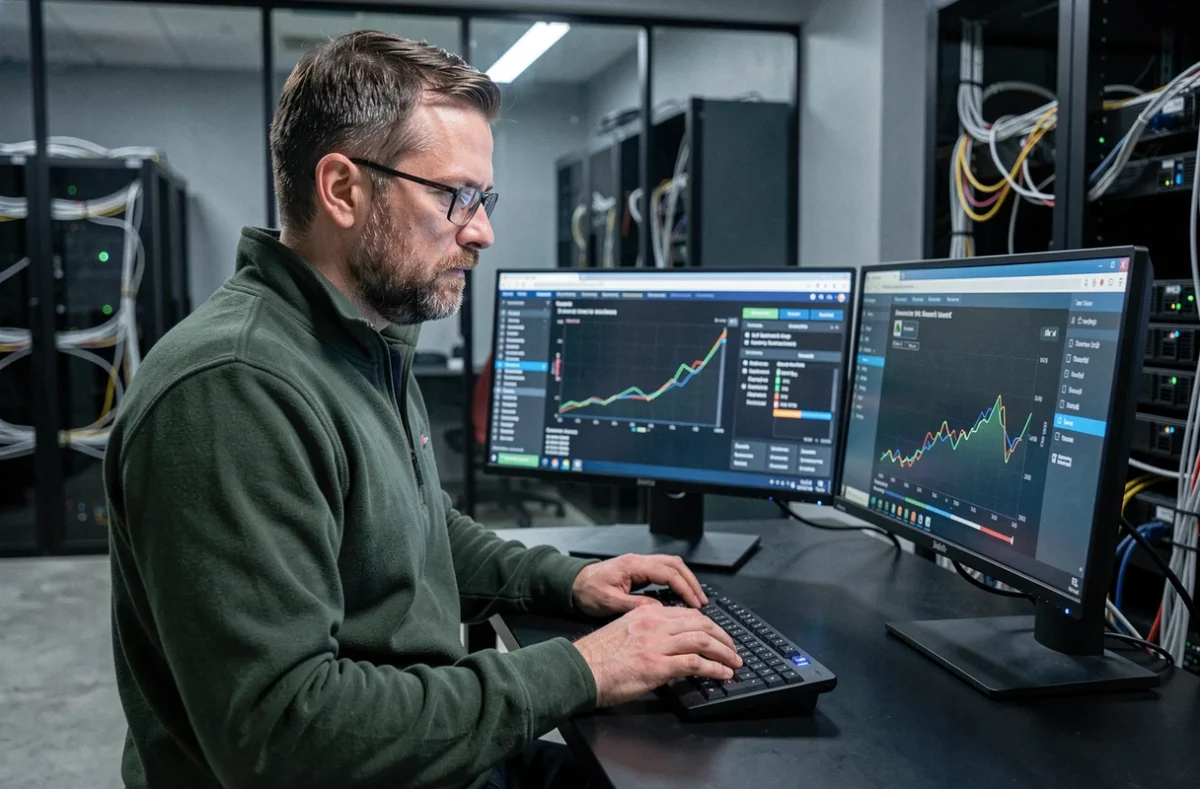 Ingénieur Smartfire analysant un tableau de bord logiciel dans un bureau technique
