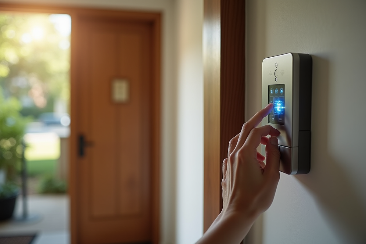 Personne entrant un code sur un systeme de securite a la porte d entree