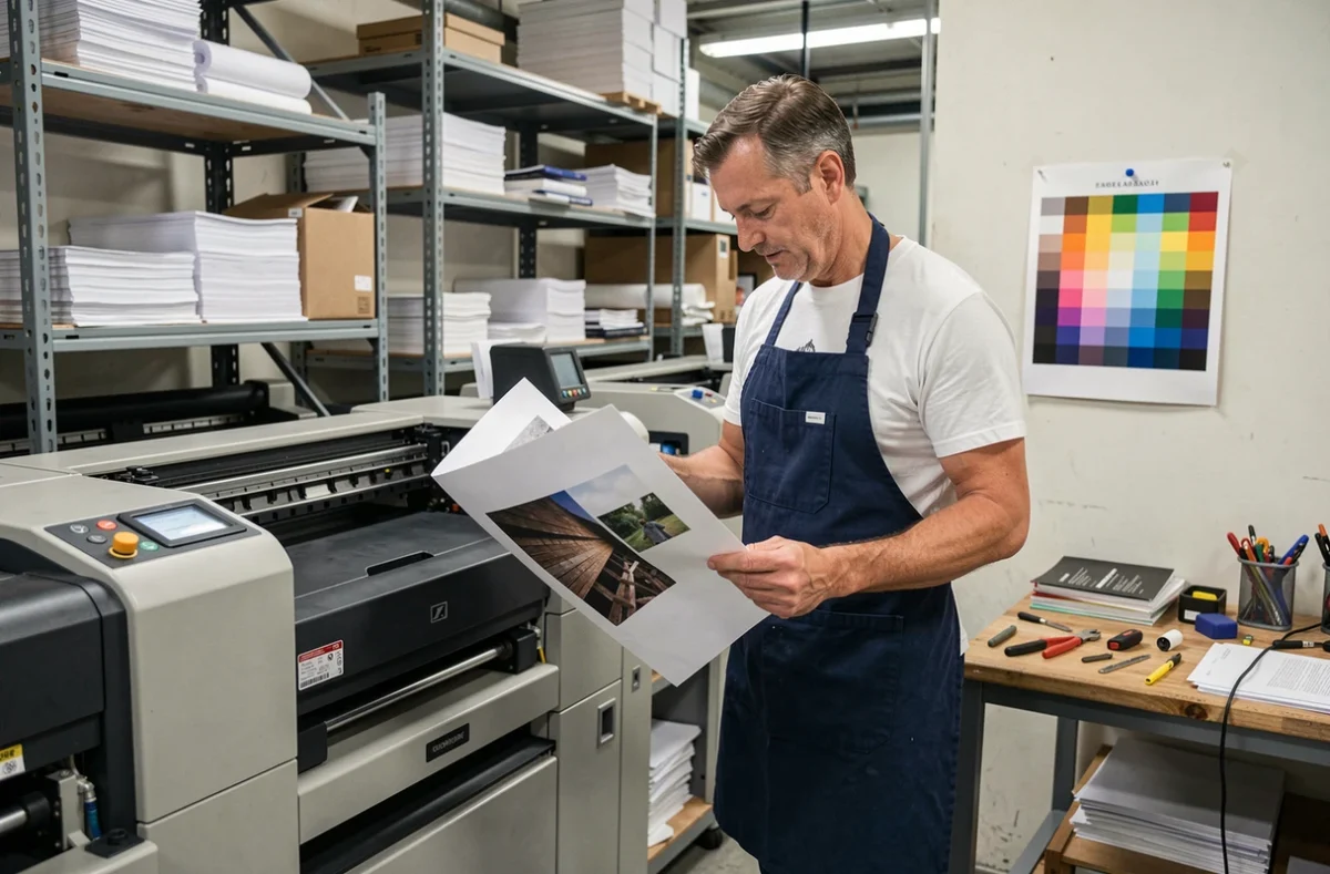 Technicien d'impression inspectant un tirage grand format sorti d'une imprimante professionnelle dans un atelier de production graphique
