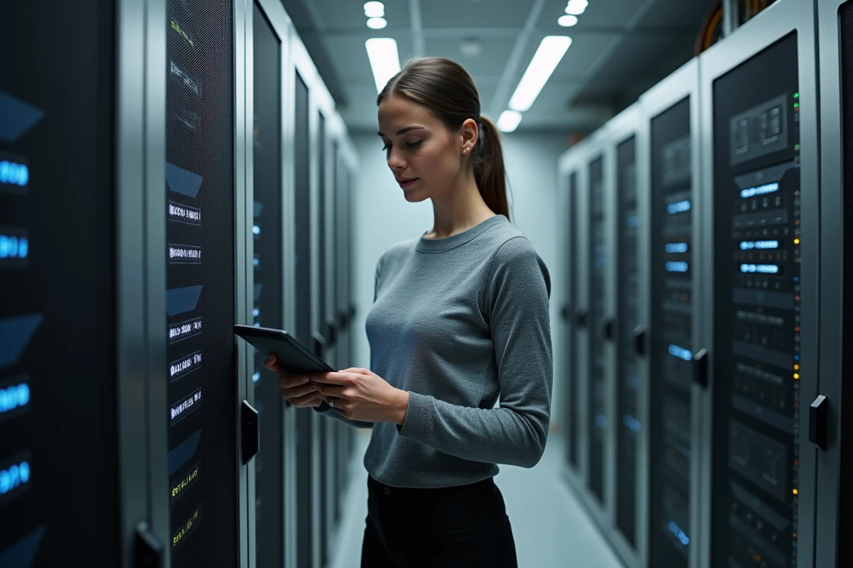 Jeune femme ingénieure réseau vérifiant un serveur dans une salle informatique