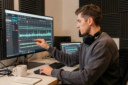 Jeune homme organisant une playlist SoundCloud téléchargée avec métadonnées sur un ordinateur en home studio