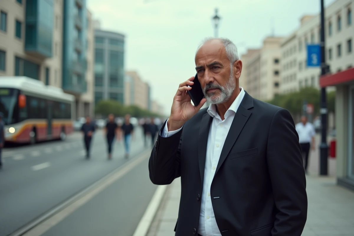 Homme d'affaires marocain en plein appel téléphonique dans une rue de Rabat testant la qualité réseau de l'eSIM Maroc Telecom