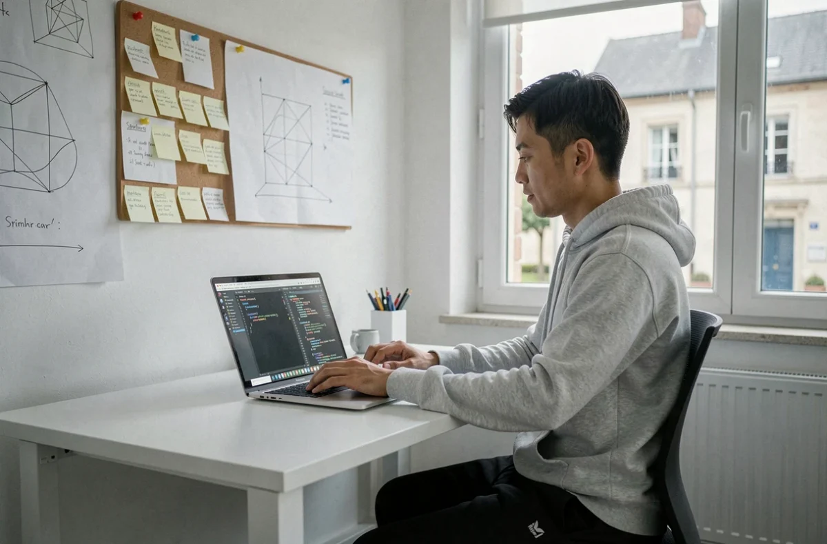 Développeur Symfony et React freelance concentré sur son code dans un bureau à La Ferté-Saint-Aubin