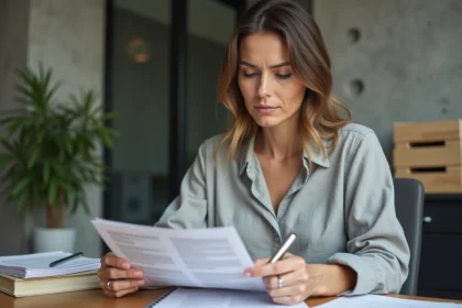 Femme consultant un document bilingue français-anglais pour choisir la bonne traduction du mot features selon le contexte