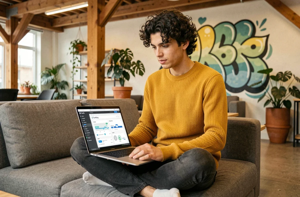 Développeur TurnK travaillant sur une application mobile dans un espace de travail créatif