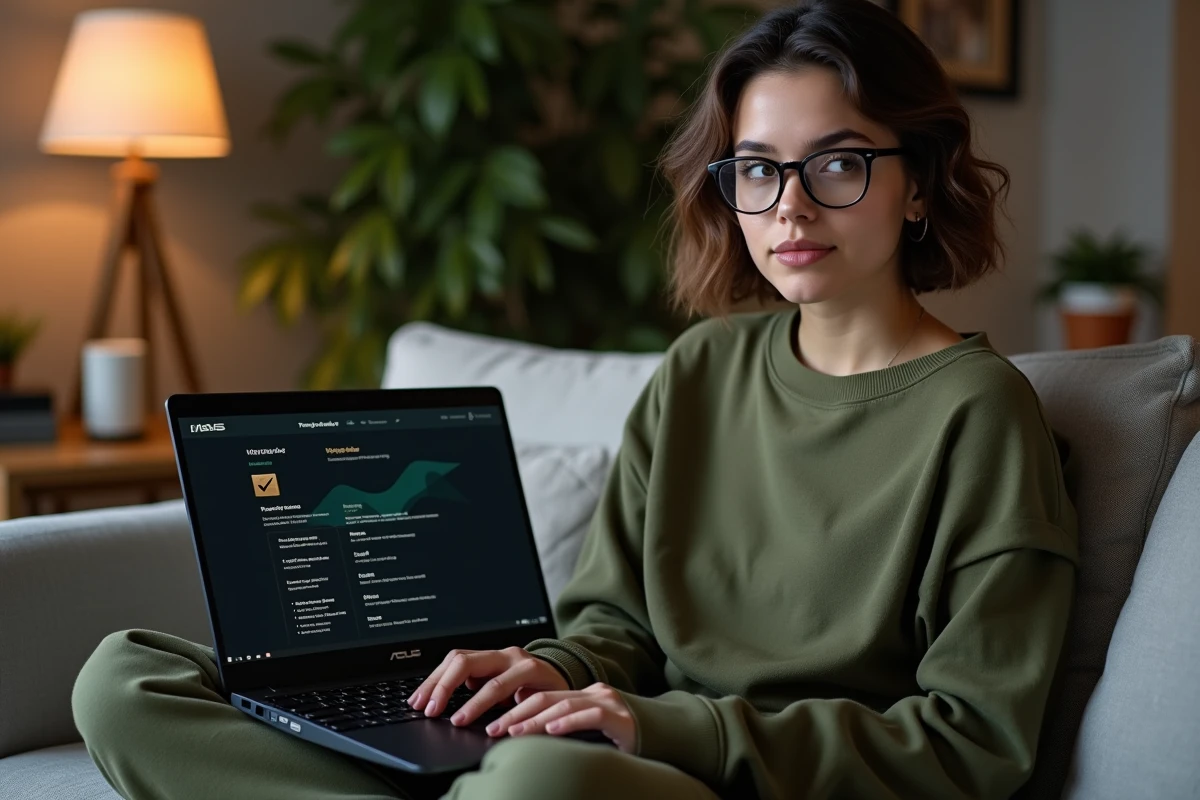 Femme utilisant Armory Crate sur un laptop ASUS Zephyrus pour gérer la batterie et les températures depuis son canapé