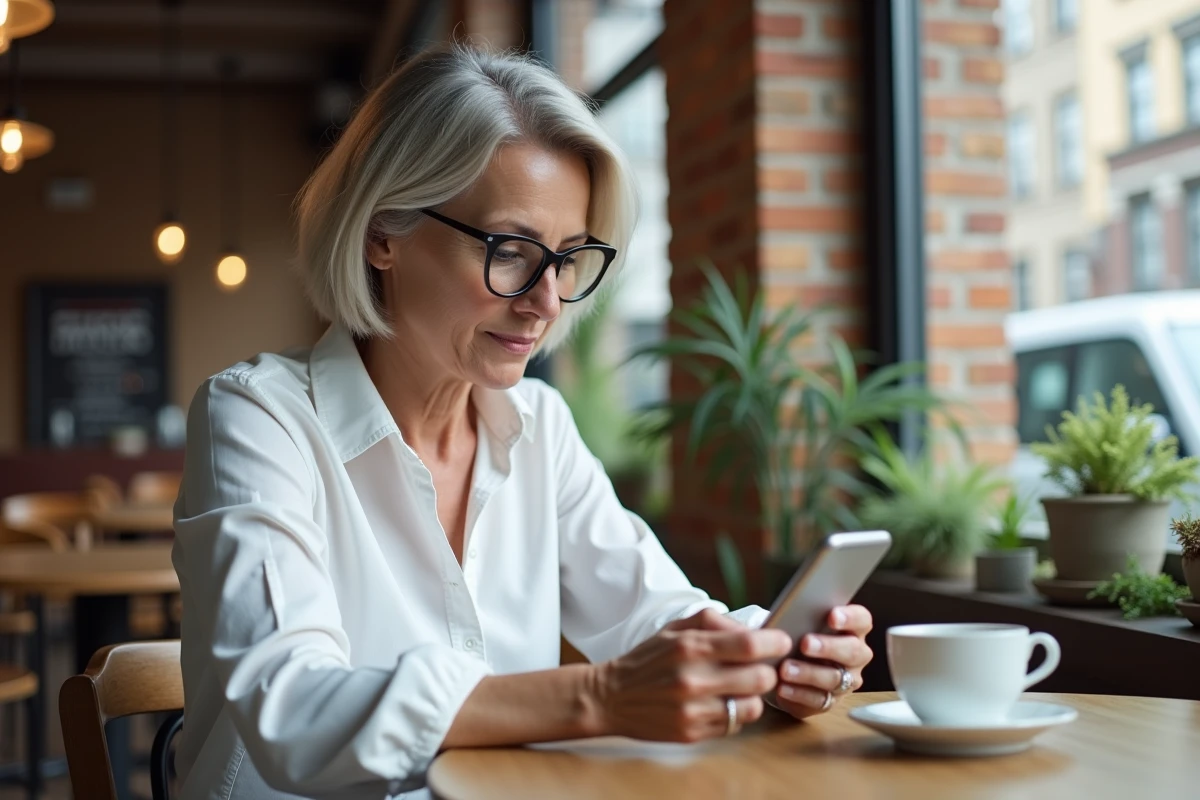 Enseignante vérifiant ses identifiants de messagerie mail.ac-montpellier.fr sur smartphone dans un café