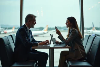 Homme d'âge moyen et jeune femme discutent dans un lounge aéroport