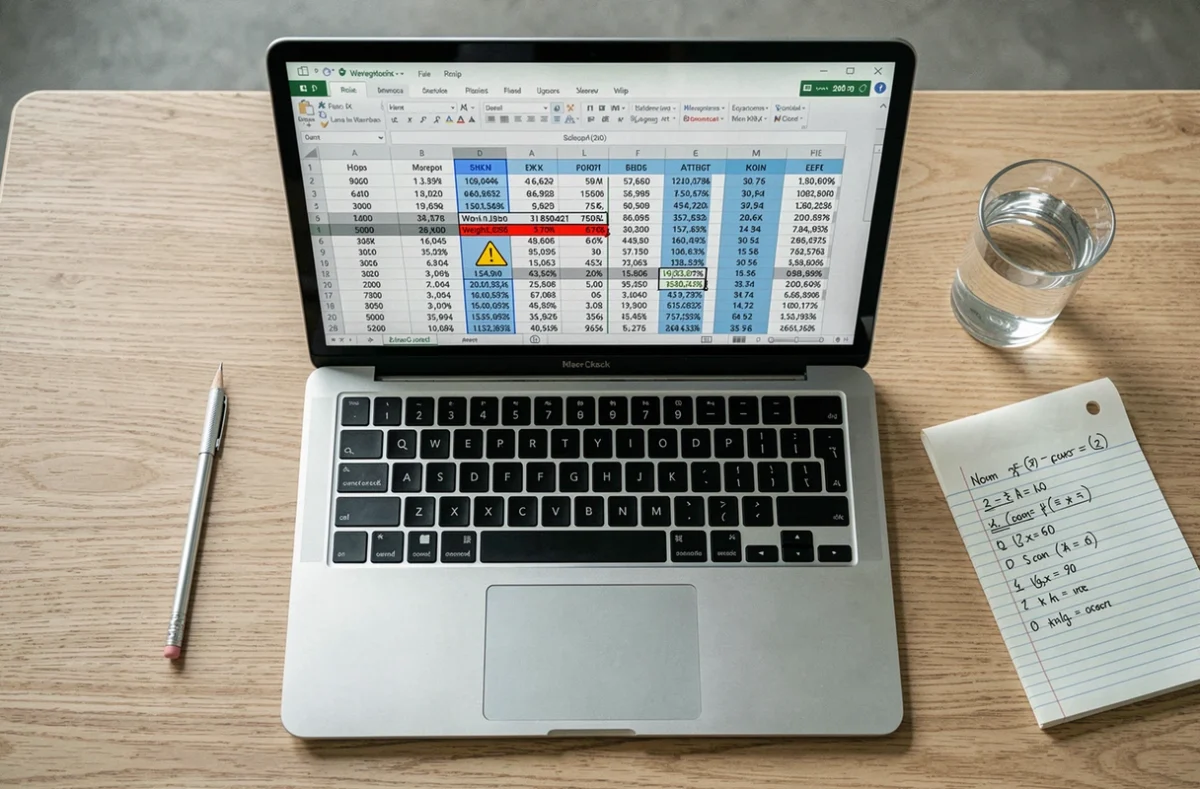 Vue aérienne d'un ordinateur portable affichant une erreur de formule moyenne pondérée dans Excel avec des notes manuscrites
