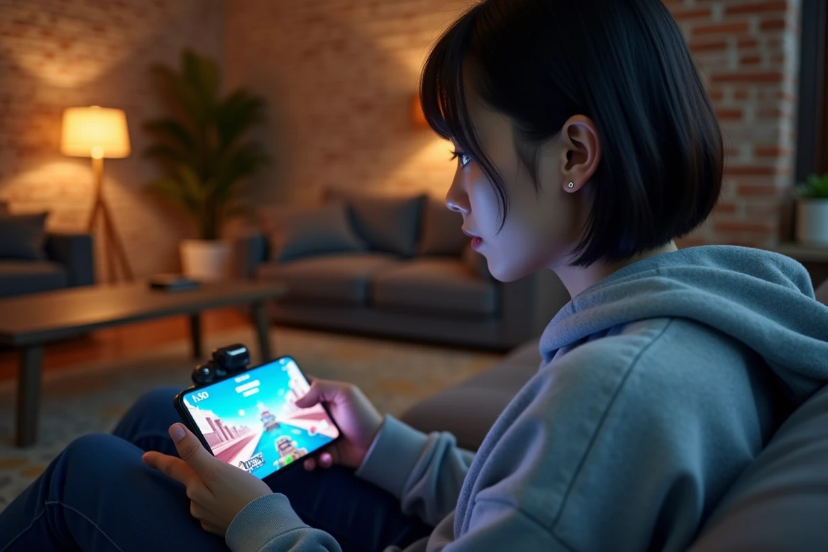 Femme jouant à un jeu mobile sur un Xiaomi 15 dans un appartement urbain cosy avec mur en briques