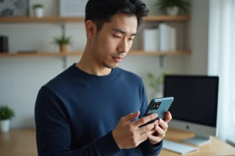 Homme tenant un Xiaomi 15 et inspectant le module photo arrière dans un bureau moderne épuré