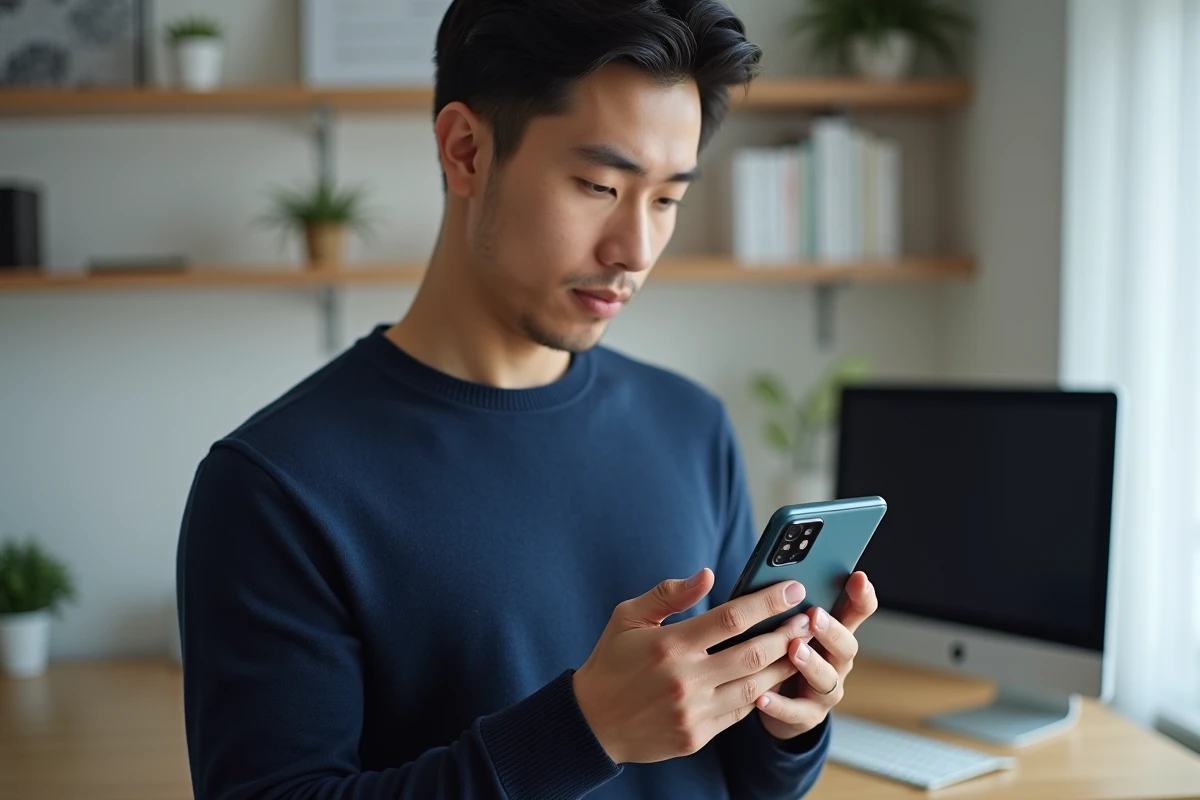 Homme tenant un Xiaomi 15 et inspectant le module photo arrière dans un bureau moderne épuré