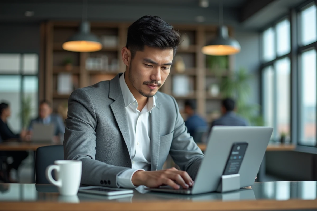 Professionnel utilisant un Xiaomi 15 comme outil de productivité dans un espace de coworking moderne